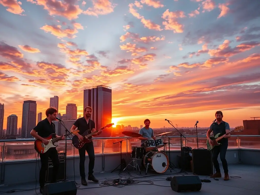 A still image from a music video featuring a band performing on a rooftop at sunset, with the city skyline in the background.