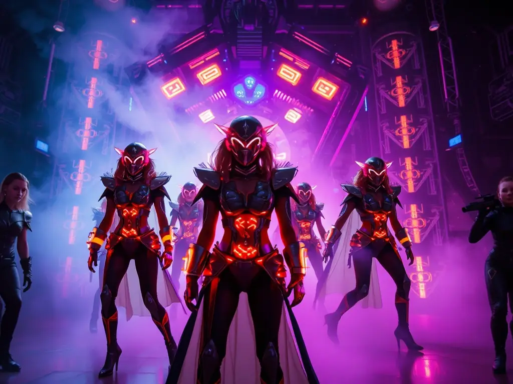 A dramatic shot from a high-budget music video, featuring a fantasy or sci-fi theme with elaborate costumes and special effects.